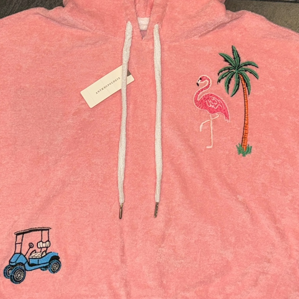Celandine Pink Hooded Terry Crop Sweatshirt with Flamingo Embroidery - Picture 7 of 15